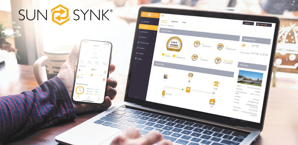 Sunsynk solar monitoring app on laptop and smartphone.