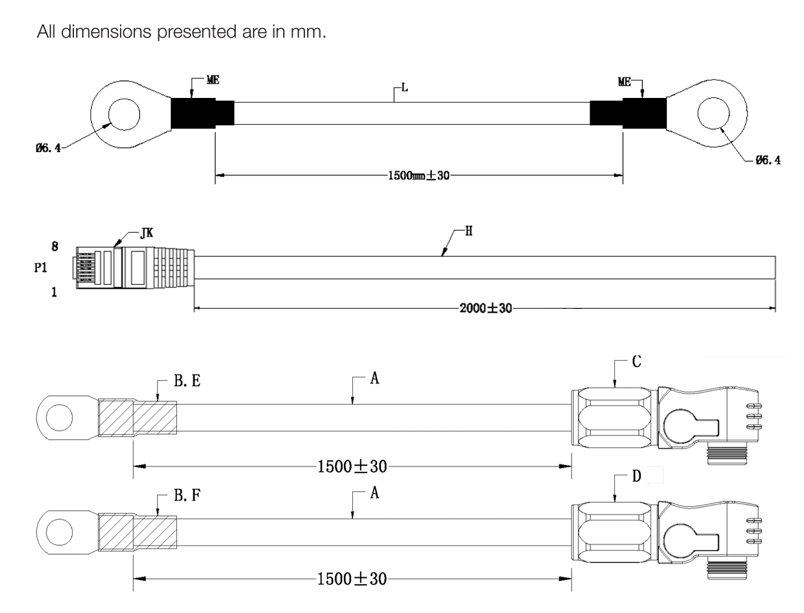 Technical drawing of Sunsynk solar cable dimensions.