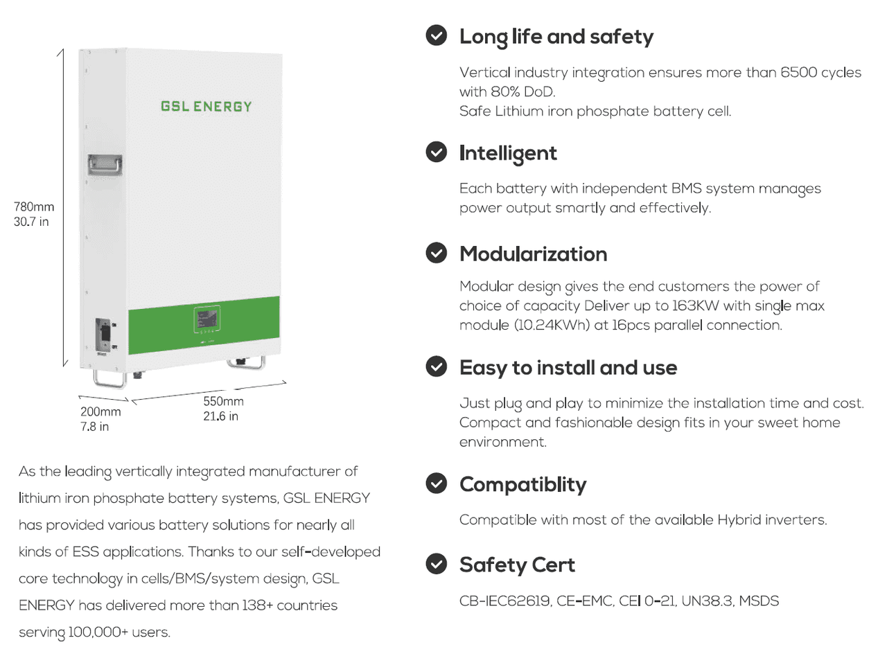 GSL Energy Powerwall features and specifications