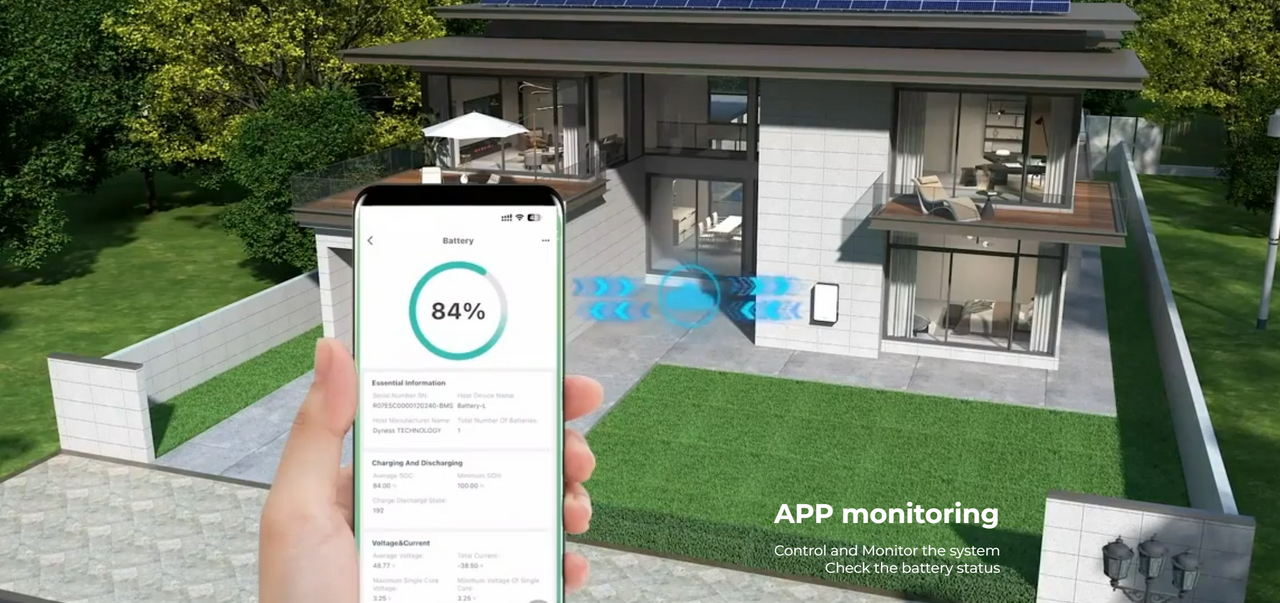 App monitoring of Dyness B3 battery in a solar-powered home.