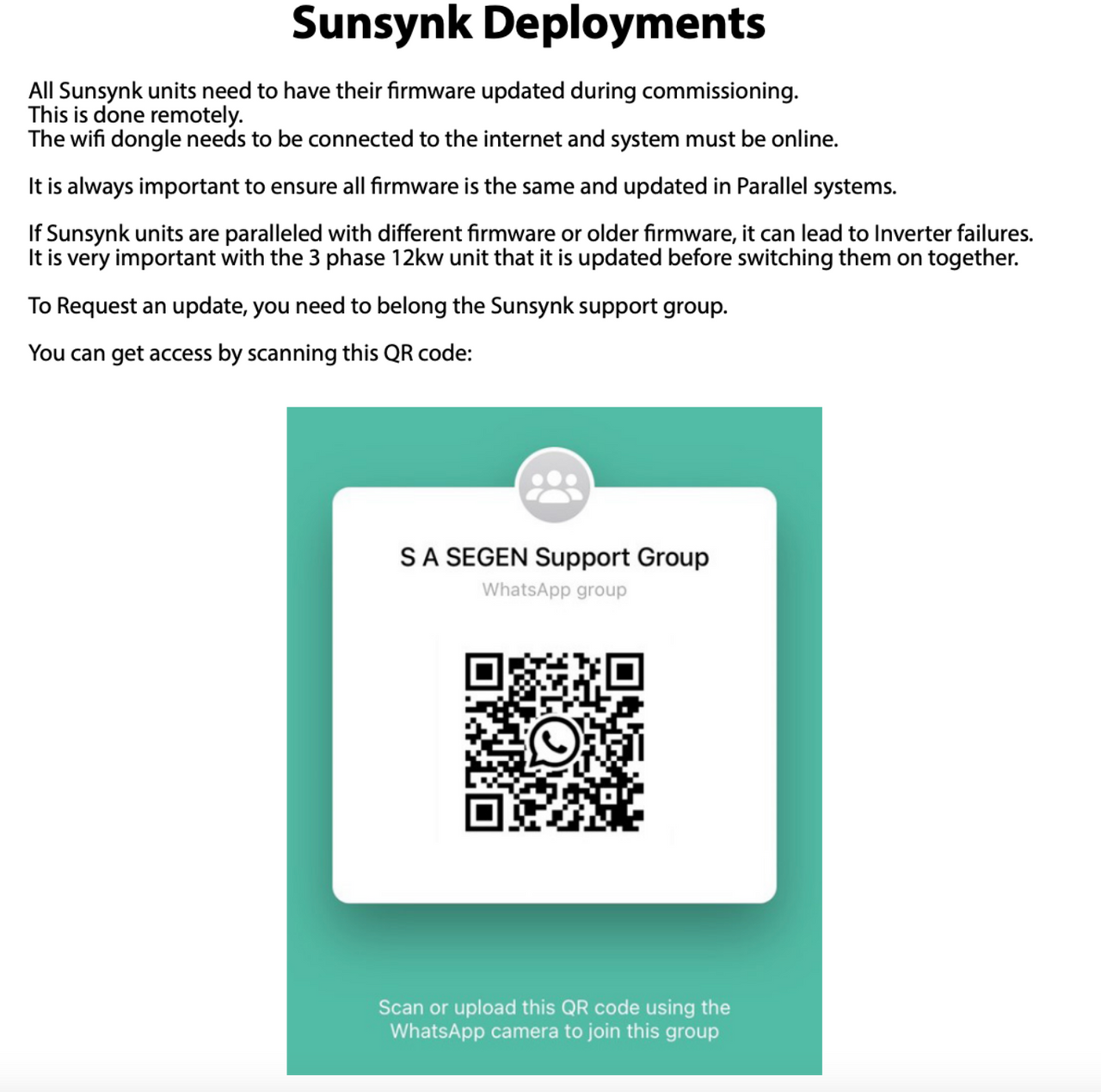 Sunsynk deployments QR code for support group access